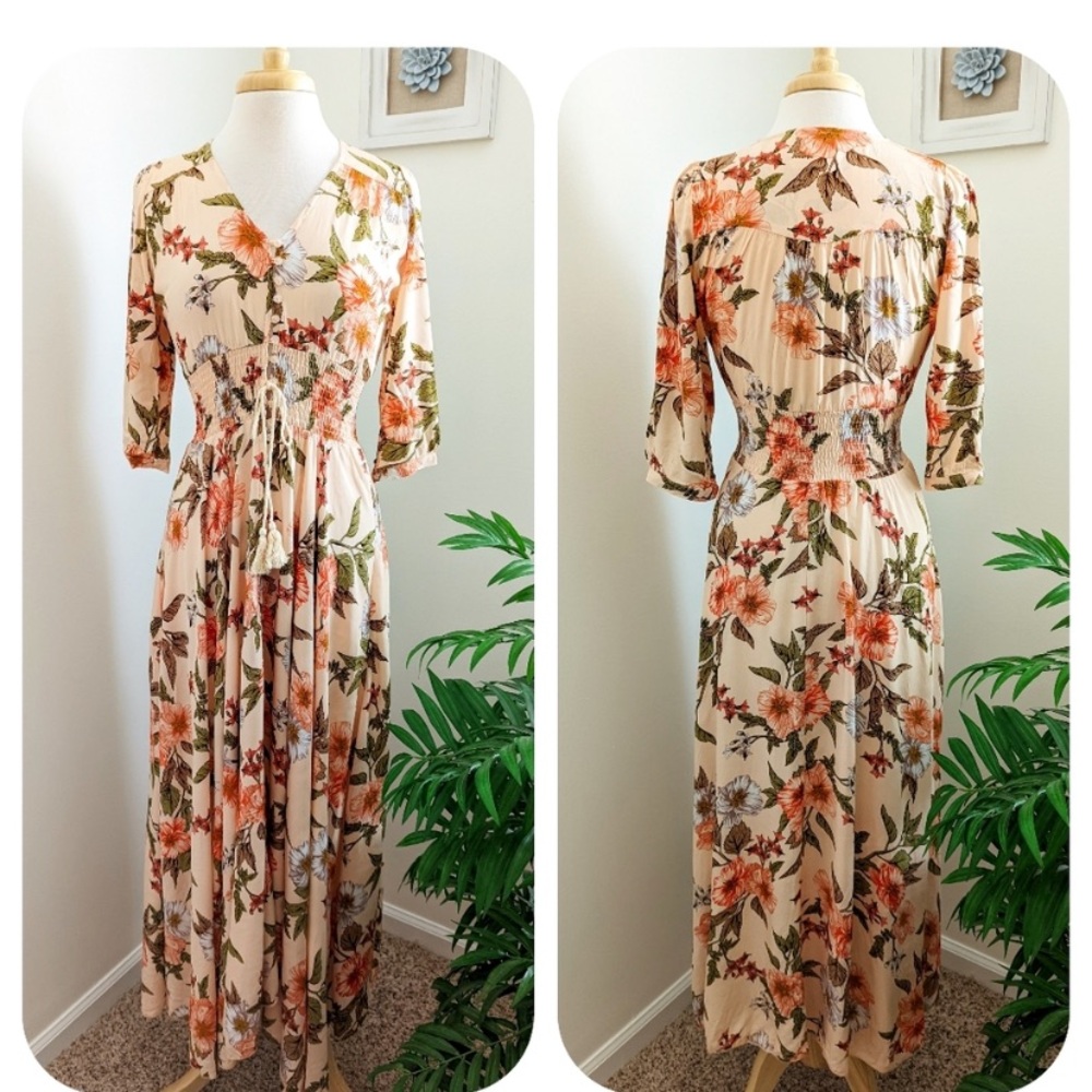 Jaase Indiana Boho Floral Print Button Tie Waist Multicolor Maxi Dress Small